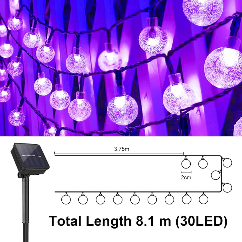 LQWELL Szolár Tündérfény 8m 30 LED 8 Mód Kültéri Beltéri Lánc Kristály IP44 Lila