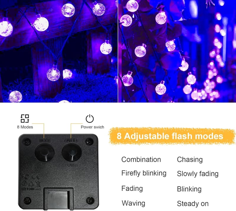 LQWELL Szolár Tündérfény 8m 30 LED 8 Mód Kültéri Beltéri Lánc Kristály IP44 Lila