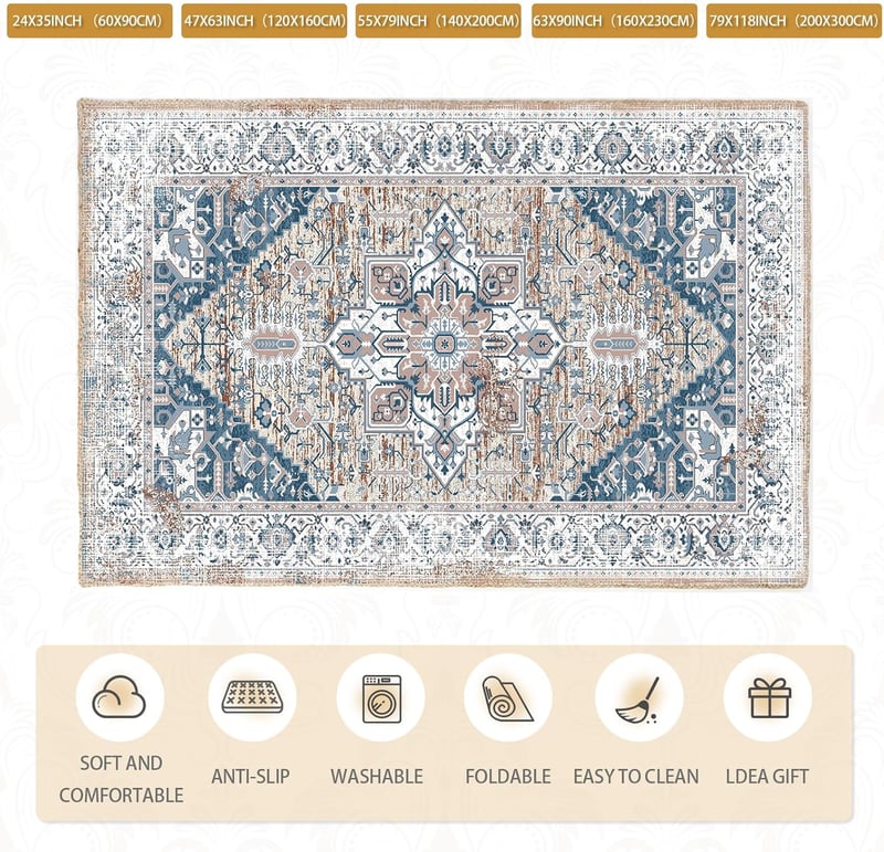 Lrrtso Mosható Szőnyeg Modern Boho Mintás Vintage Kék 160x230cm Kültéri Beltéri - 20 x 24 cm (Rechteckig), Vintage Blue