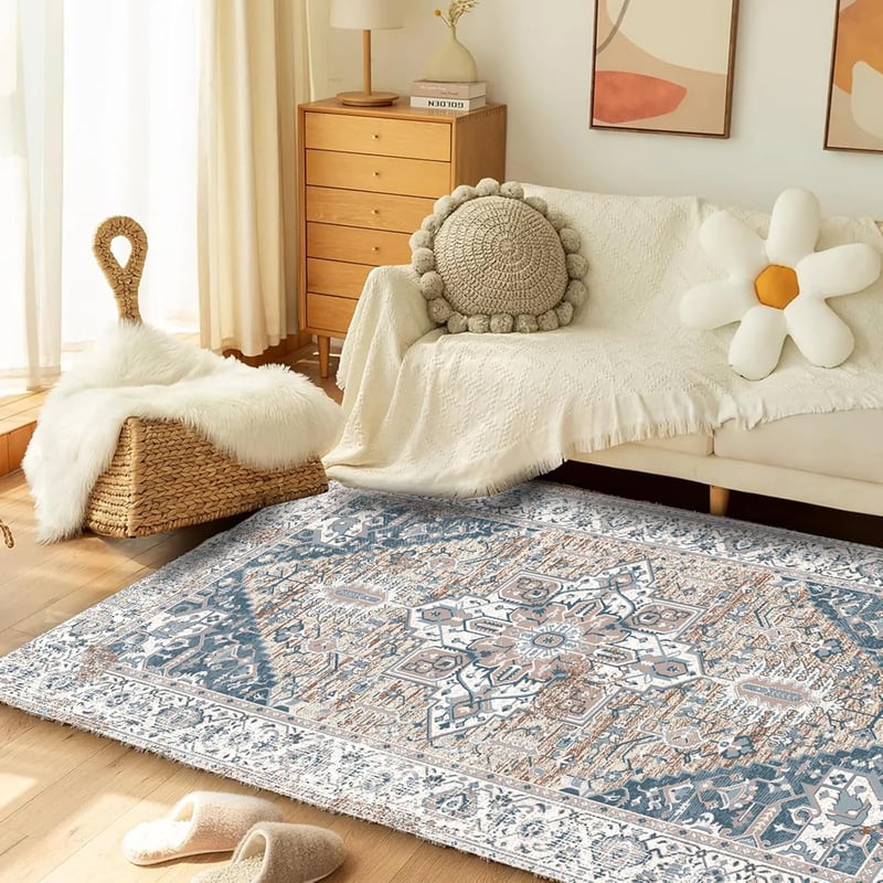 Lrrtso Mosható Szőnyeg Modern Boho Mintás Vintage Kék 160x230cm Kültéri Beltéri - 20 x 24 cm (Rechteckig), Vintage Blue