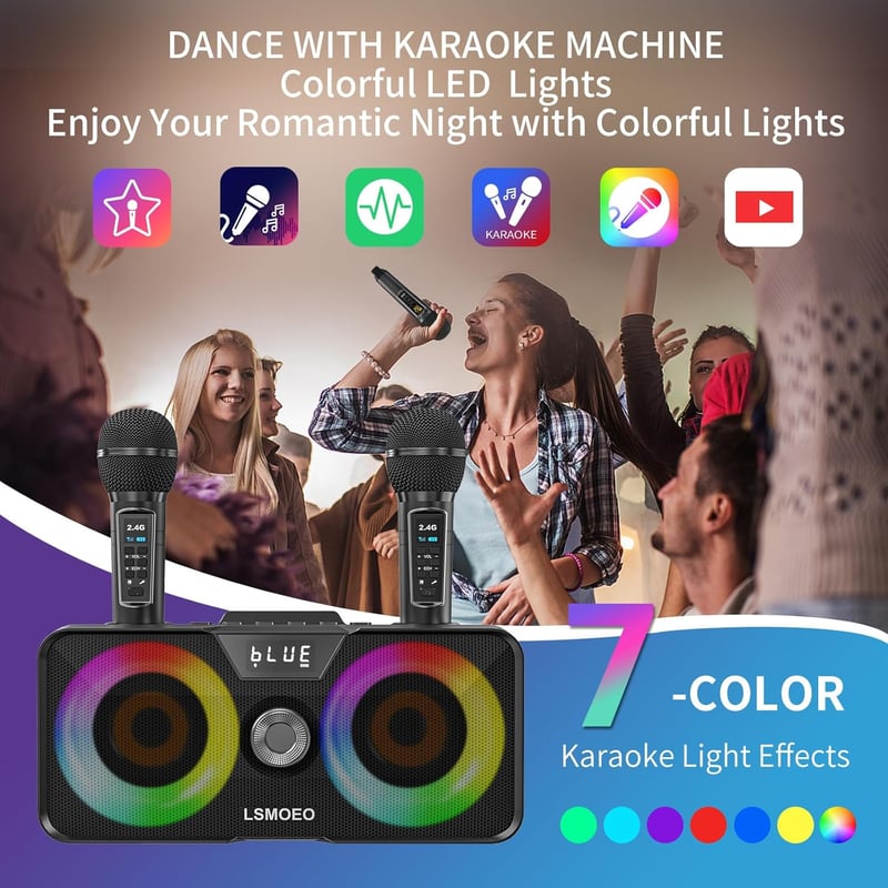 LSMOEO Karaoke Gép Felnőtteknek és Gyerekeknek 2 Vezeték Nélküli Mikrofonnal, Bluetooth Hangszóró LED Parti Világítással Buli Piknik