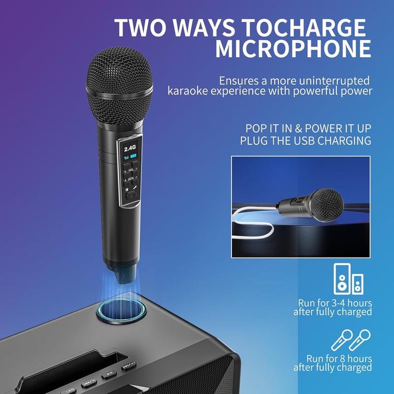 LSMOEO Karaoke Gép Felnőtteknek és Gyerekeknek 2 Vezeték Nélküli Mikrofonnal, Bluetooth Hangszóró LED Parti Világítással Buli Piknik