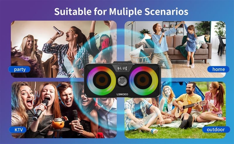 LSMOEO Karaoke Gép Felnőtteknek és Gyerekeknek 2 Vezeték Nélküli Mikrofonnal, Bluetooth Hangszóró LED Parti Világítással Buli Piknik