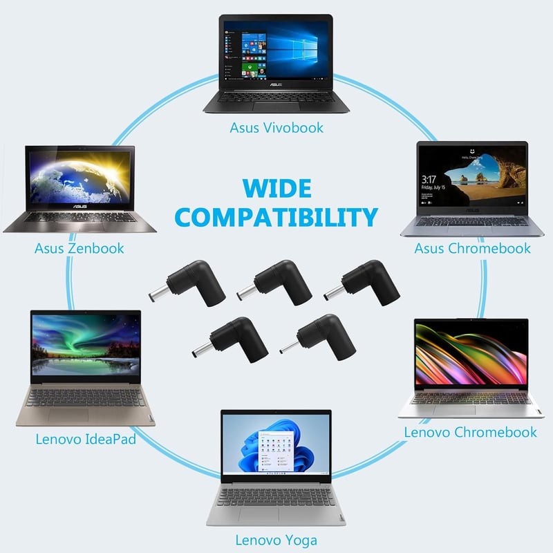 LTBSTOYE 65W Univerzális Laptop Töltő 5 Csatlakozóval - Asus Vivobook/Zenbook, Lenovo IdeaPad/Yoga Kompatibilis - Gyorstöltés, Túlfeszültség