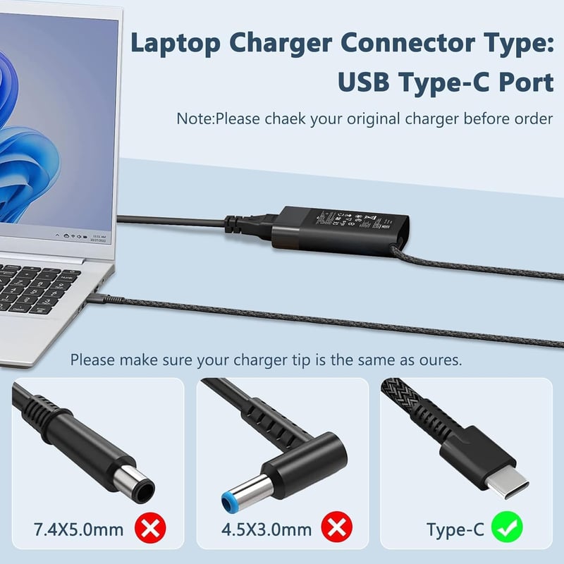 LTBSTOYE 65W USB-C Laptop Töltő HP Spectre X360, Envy, EliteBook, Chromebook Készülékekhez - Vékony Kialakítás, 6 Láb Hosszú Fonott Kábel, F