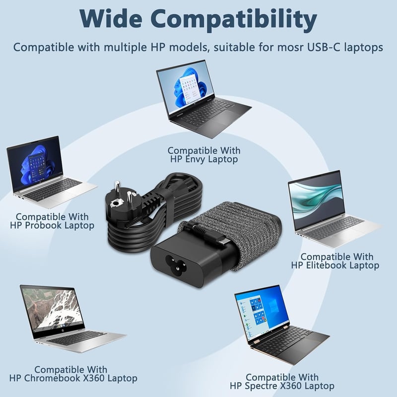 LTBSTOYE 65W USB-C Laptop Töltő HP Spectre X360, Envy, EliteBook, Chromebook Készülékekhez - Vékony Kialakítás, 6 Láb Hosszú Fonott Kábel, F