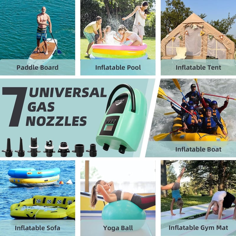 LUBAKED Elektromos Pumpa 20 PSI - Kétsebességes Automata SUP Felfújó és Leeresztő LCD Kijelzővel, 7 Fúvókával Paddleboardhoz, Csónakhoz (Men - mint green, 27 x 20 x 16 cm, Mint Green