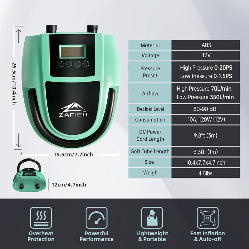LUBAKED Elektromos Pumpa 20 PSI - Kétsebességes Automata SUP Felfújó és Leeresztő LCD Kijelzővel, 7 Fúvókával Paddleboardhoz, Csónakhoz (Men - mint green, 27 x 20 x 16 cm, Mint Green