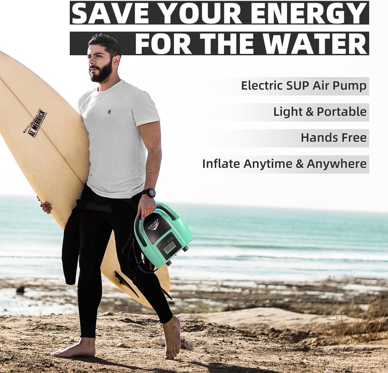 LUBAKED Elektromos Pumpa 20 PSI - Kétsebességes Automata SUP Felfújó és Leeresztő LCD Kijelzővel, 7 Fúvókával Paddleboardhoz, Csónakhoz (Men - mint green, 27 x 20 x 16 cm, Mint Green