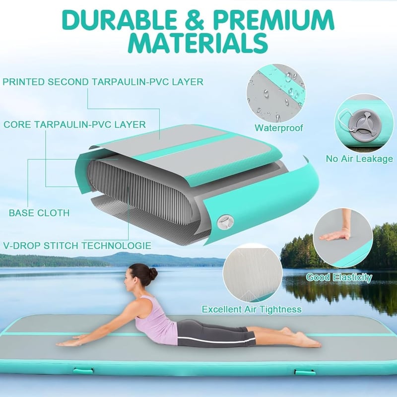 LUBAKED Felfújható Tornaszőnyeg   300*100*20 cm Tornagymnasztika Edzőpad Otthoni Fitness Jóga Matrac Pumpával - 300 x 100 x 20 cm, mint green