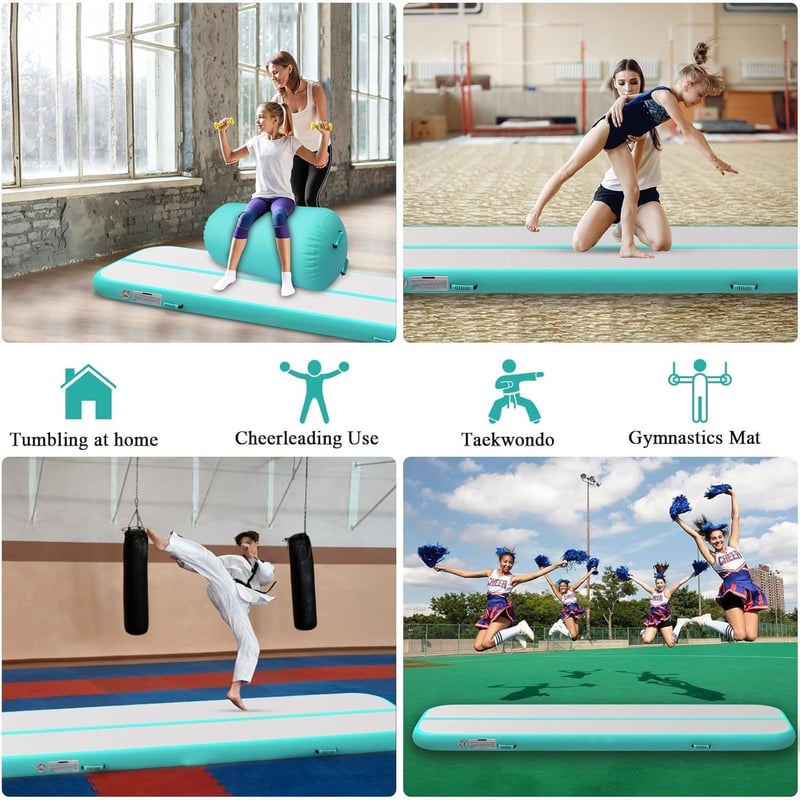 LUBAKED Felfújható Tornaszőnyeg   300*100*20 cm Tornagymnasztika Edzőpad Otthoni Fitness Jóga Matrac Pumpával - 300 x 100 x 20 cm, mint green