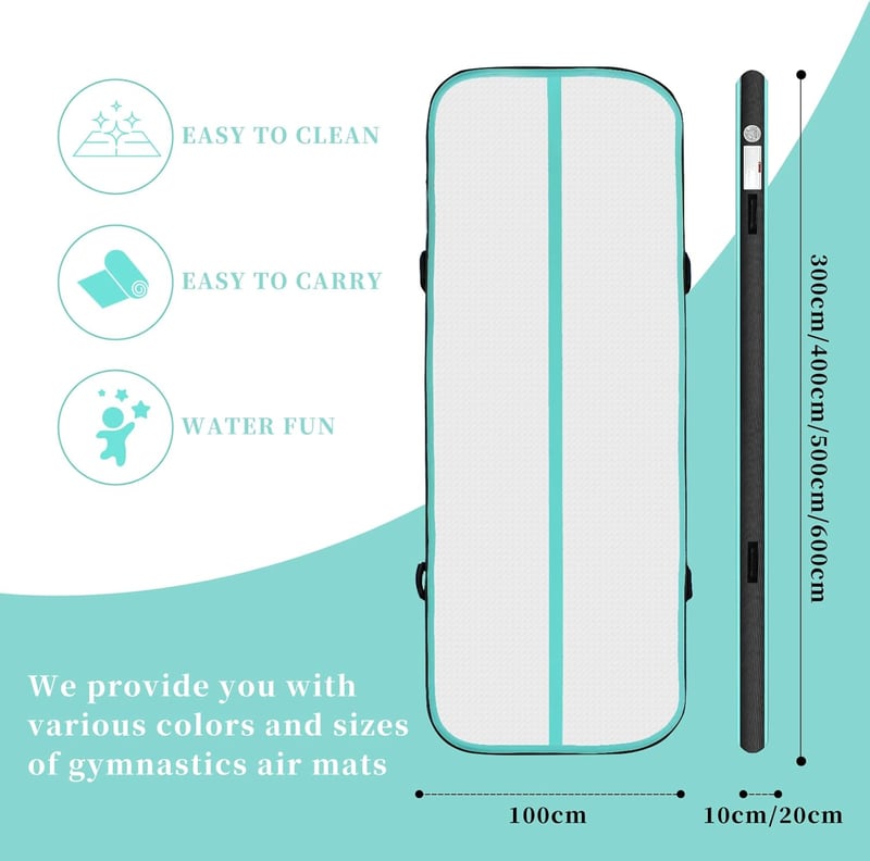 LUBAKED Felfújható Tornaszőnyeg 300x100x20cm Zöld Gimnasztika Szőnyeg Pumpával Fitness Jóga Matrac Otthoni Edzéshez