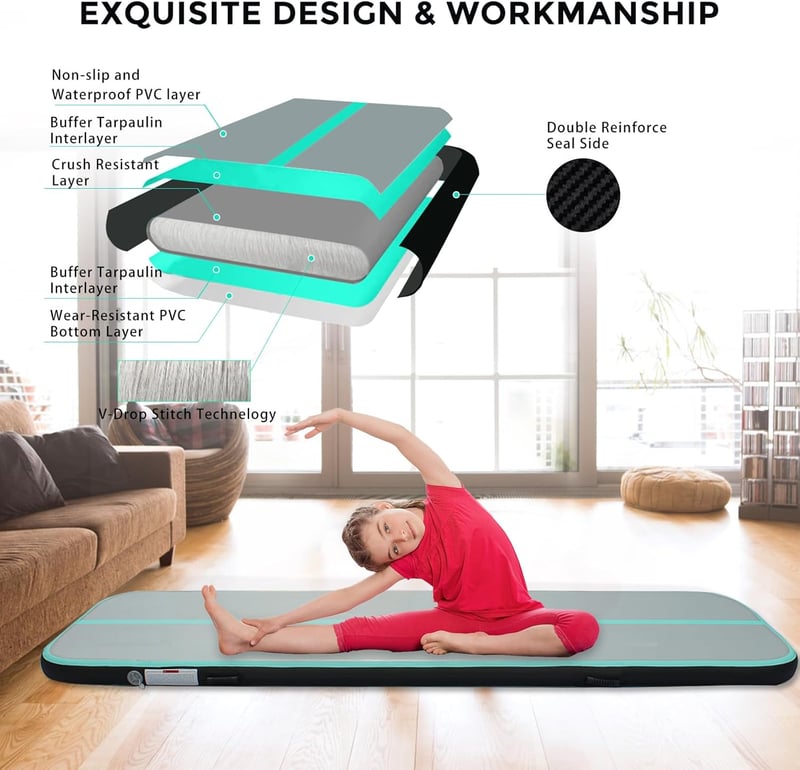 LUBAKED Felfújható Tornaszőnyeg 300x100x20cm Zöld Gimnasztika Szőnyeg Pumpával Fitness Jóga Matrac Otthoni Edzéshez