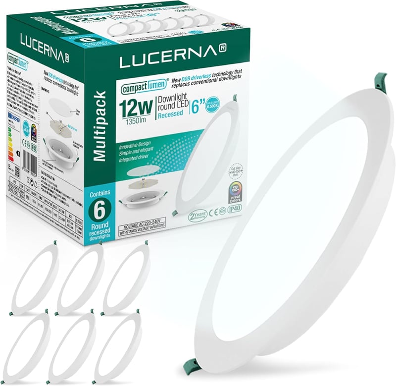 LUCERNA Süllyeszthető LED Mennyezeti Lámpa 12W - Hideg Fehér 6500K Kerek Spotlámpa - 1350 Lumen - 140-150mm Beépíthető Downlight - 6 darabos