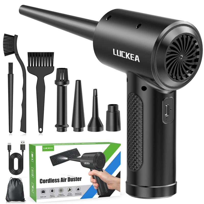Suflantă Electrică cu Aer LUCKEA pentru Curățarea PC-ului – Air Duster cu 3 Viteze, Acumulator de 6000 mAh, Lumină LED, Dispozitiv de Curățare cu Aer pentru Tastatură și Laptop