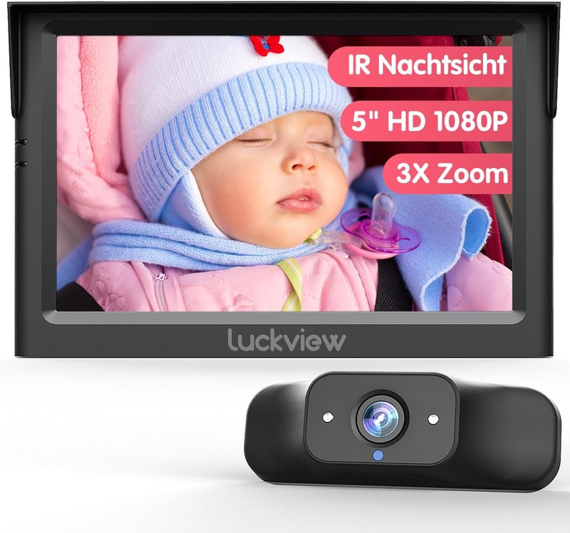 LUCKVIEW Baba Autós Tükör 5 Hüvelykes 1080P HD Kijelzővel, Éjjellátó Kamerával, 3X Zoom, 360° Forgatható Hátsó Ülés Monitor