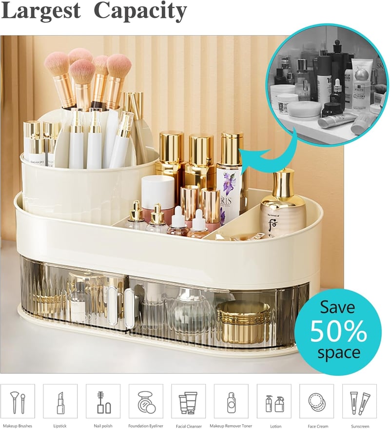 LucyStudio 2-in-1 Kozmetikai Szervező - 360° Forgatható Smink Rendszerező Fiókkal, Bőrápolási Termékekhez, Kétajtós Tárolórendszer