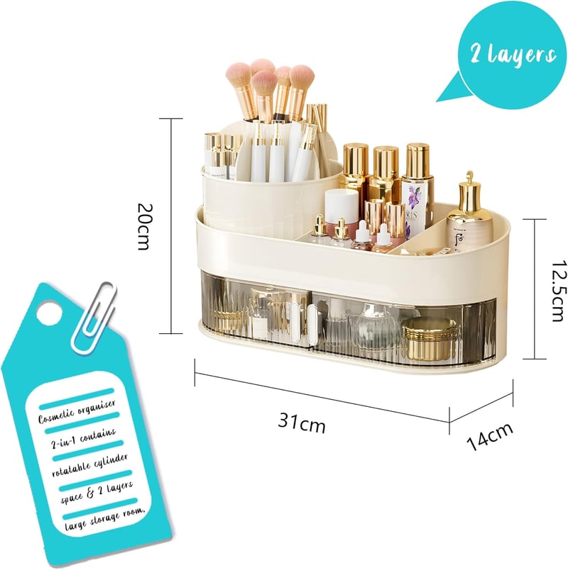LucyStudio 2-in-1 Kozmetikai Szervező - 360° Forgatható Smink Rendszerező Fiókkal, Bőrápolási Termékekhez, Kétajtós Tárolórendszer
