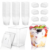 LucyStudio Set od 30 prozirnih četvrtastih čaša za desert s poklopcem, višekratne, 160 ml, za pudinge, mousse i švedski stol 1