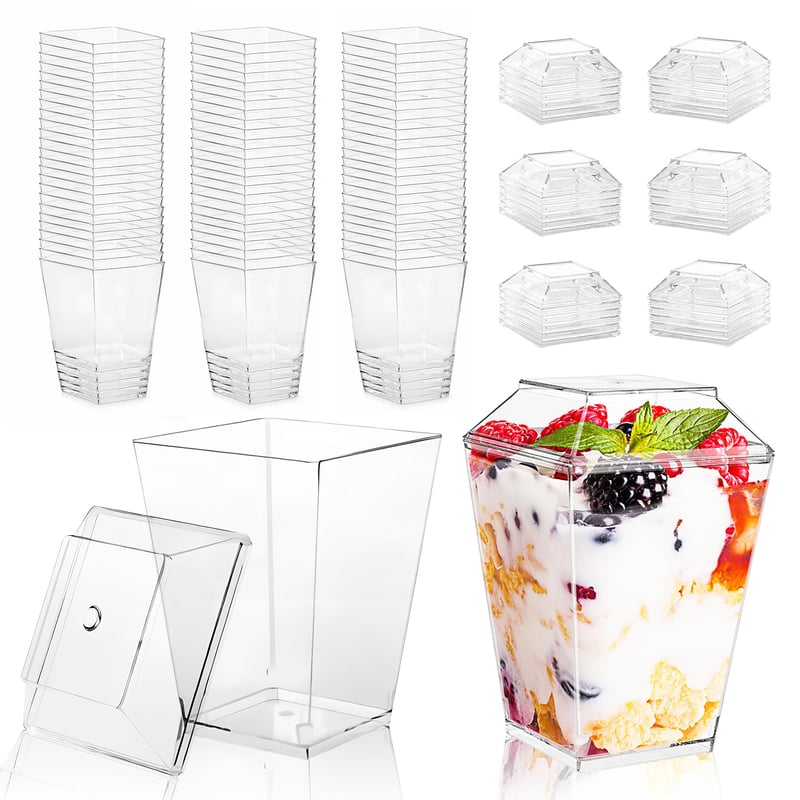 LucyStudio Set od 30 prozirnih četvrtastih čaša za desert s poklopcem, višekratne, 160 ml, za pudinge, mousse i švedski stol