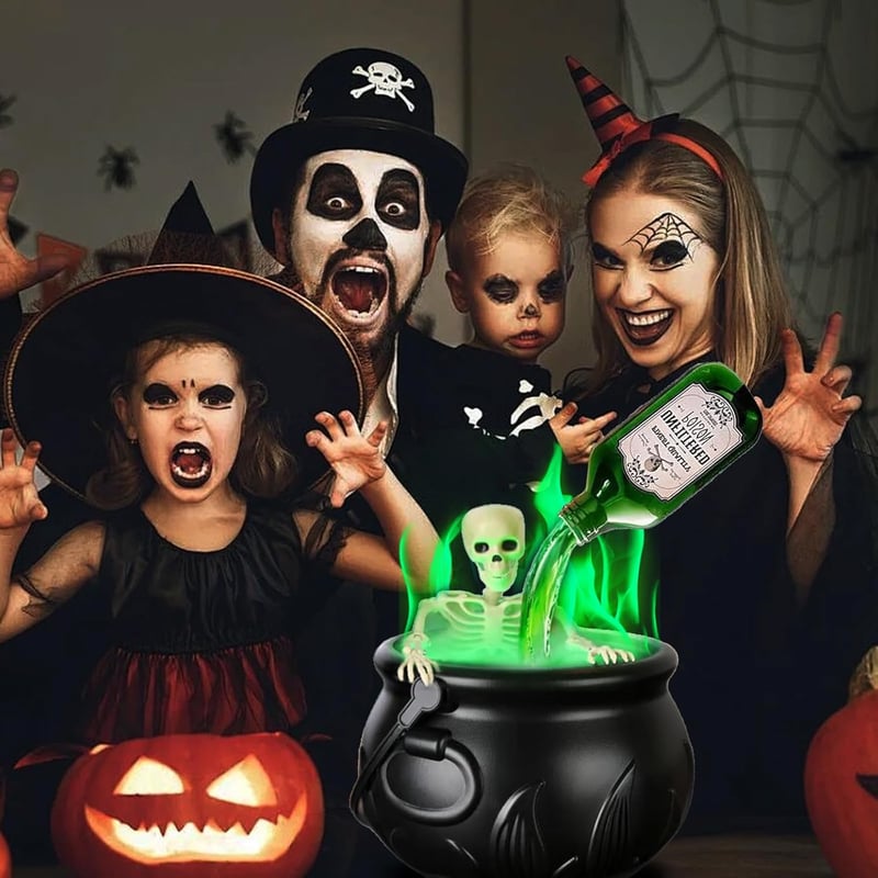 LUKIUP Halloween Boszorkány Üst Ködgéppel, Koponya Dekorációval, Kültéri Kerti Dekoráció