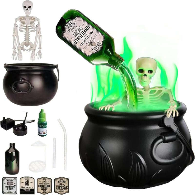 LUKIUP Halloween Boszorkány Üst Ködgéppel, Koponya Dekorációval, Kültéri Kerti Dekoráció