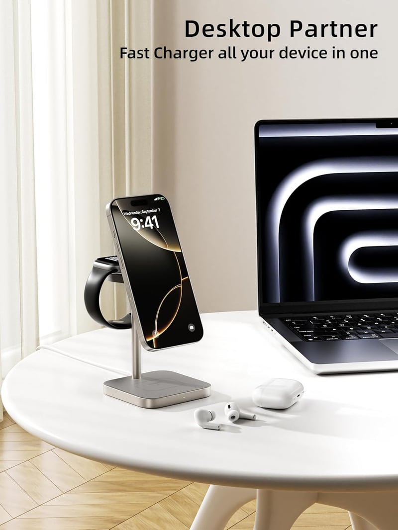 LULULOOK Qi2 MagSafe 3in1 töltőállomás iPhone Apple Watch AirPods 15W gyorstöltés - titanium