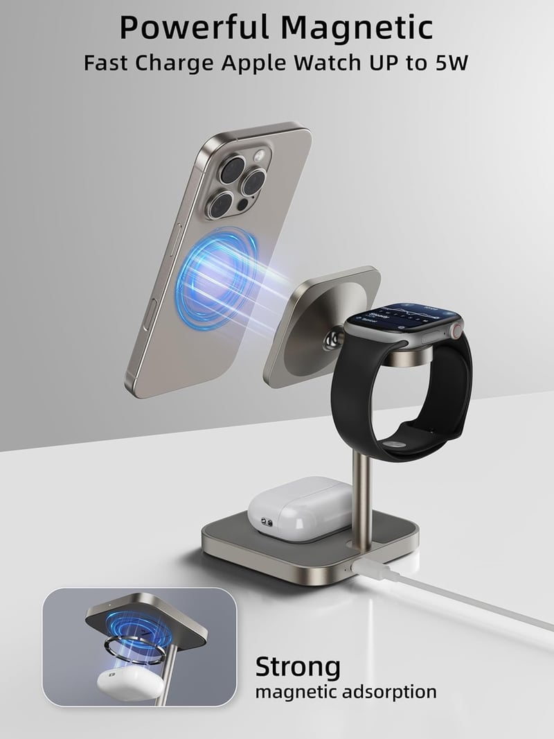LULULOOK Qi2 MagSafe 3in1 töltőállomás iPhone Apple Watch AirPods 15W gyorstöltés - titanium