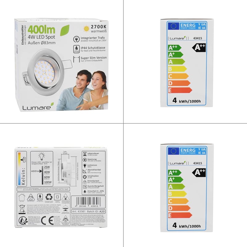 abalando GmbH Lumare süllyesztett LED spot 4W, extra lapos 27mm, Ø75mm, fehér szögletes, 2700K meleg fehér, 230V IP44 fürdőszobába