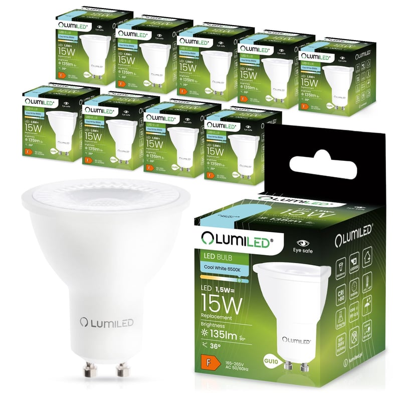 Bec LED Lumiled GU10 1,5W 135lm Alb Rece 6500K Echivalent 15W Reflector Spot Unghi 36° Nereglabil 10 buc Lampă Economică pentru Living Bucătărie Hol Birou