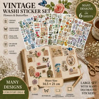 LuminCross Vintage Set naljepnica s cvijećem i leptirima, Washi naljepnice za bullet journal, dnevnik, planer i fotoalbum, DIY dekoracija 2
