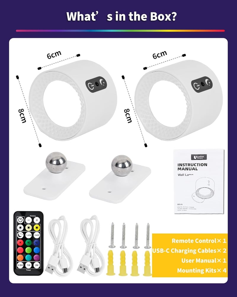 LuminexDesigns LED fali lámpa 2db RGB távirányítós dimmer akkumulátoros - 2er, White