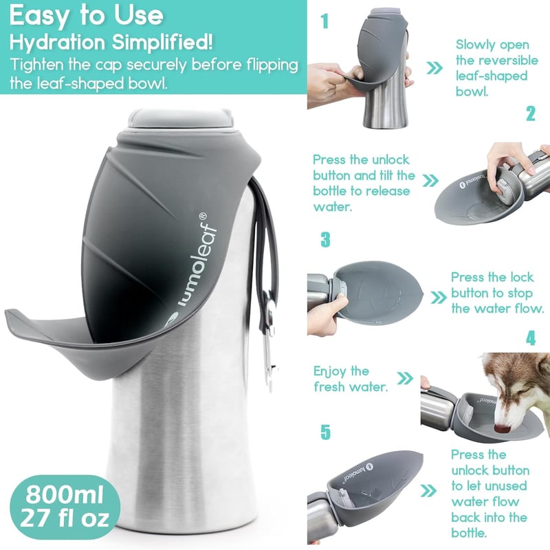 LumoLeaf 800ml Kutyaivó Palack Utazáshoz, Rozsdamentes Acél Vízpalack Szürke - gray