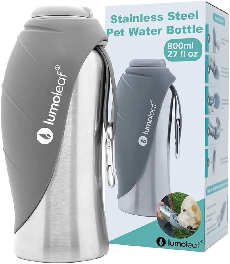 LumoLeaf 800ml Kutyaivó Palack Utazáshoz, Rozsdamentes Acél Vízpalack Szürke - gray