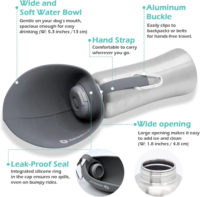 LumoLeaf 800ml Kutyaivó Palack Utazáshoz, Rozsdamentes Acél Vízpalack Szürke - gray