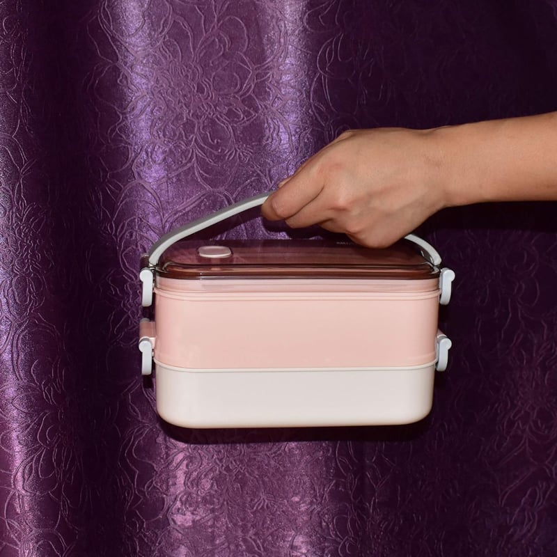 LUNALING Kétemeletes Ételhordó 1600ml - Mikrohullámú Sütőben Használható Bento Doboz Hőszigetelt Táskával, Evőeszközökkel - Diákoknak, Iroda