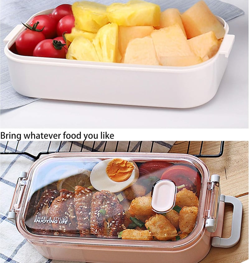 LUNALING Kétemeletes Ételhordó 1600ml - Mikrohullámú Sütőben Használható Bento Doboz Hőszigetelt Táskával, Evőeszközökkel - Diákoknak, Iroda