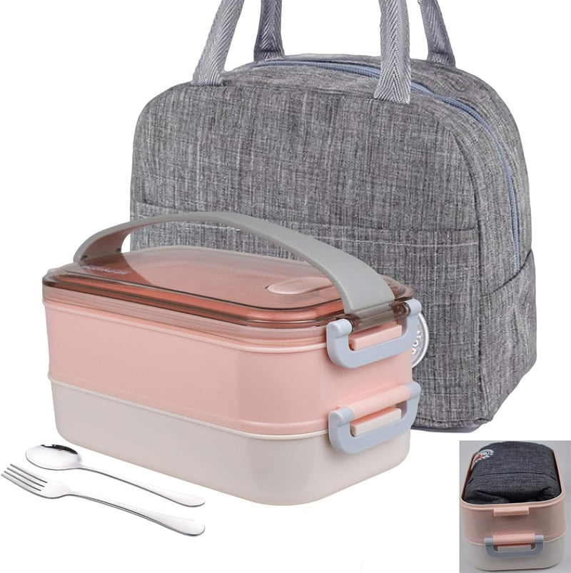 LUNALING Kétemeletes Ételhordó 1600ml - Mikrohullámú Sütőben Használható Bento Doboz Hőszigetelt Táskával, Evőeszközökkel - Diákoknak, Iroda