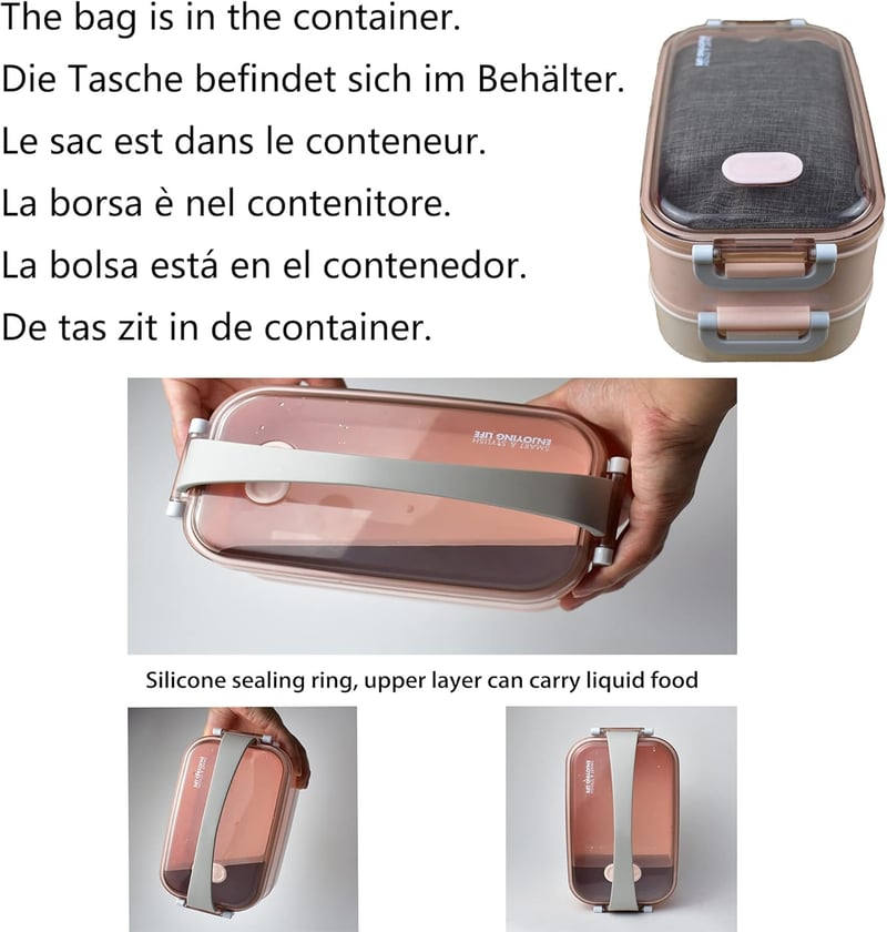 LUNALING Kétemeletes Ételhordó 1600ml - Mikrohullámú Sütőben Használható Bento Doboz Hőszigetelt Táskával, Evőeszközökkel - Diákoknak, Iroda