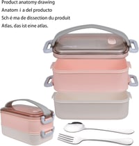 LUNALING Kétemeletes Ételhordó 1600ml - Mikrohullámú Sütőben Használható Bento Doboz Hőszigetelt Táskával, Evőeszközökkel - Diákoknak, Iroda 2