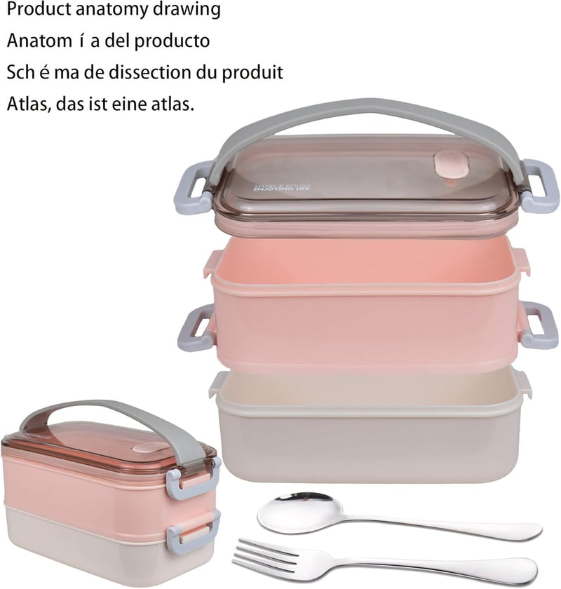 LUNALING Kétemeletes Ételhordó 1600ml - Mikrohullámú Sütőben Használható Bento Doboz Hőszigetelt Táskával, Evőeszközökkel - Diákoknak, Iroda