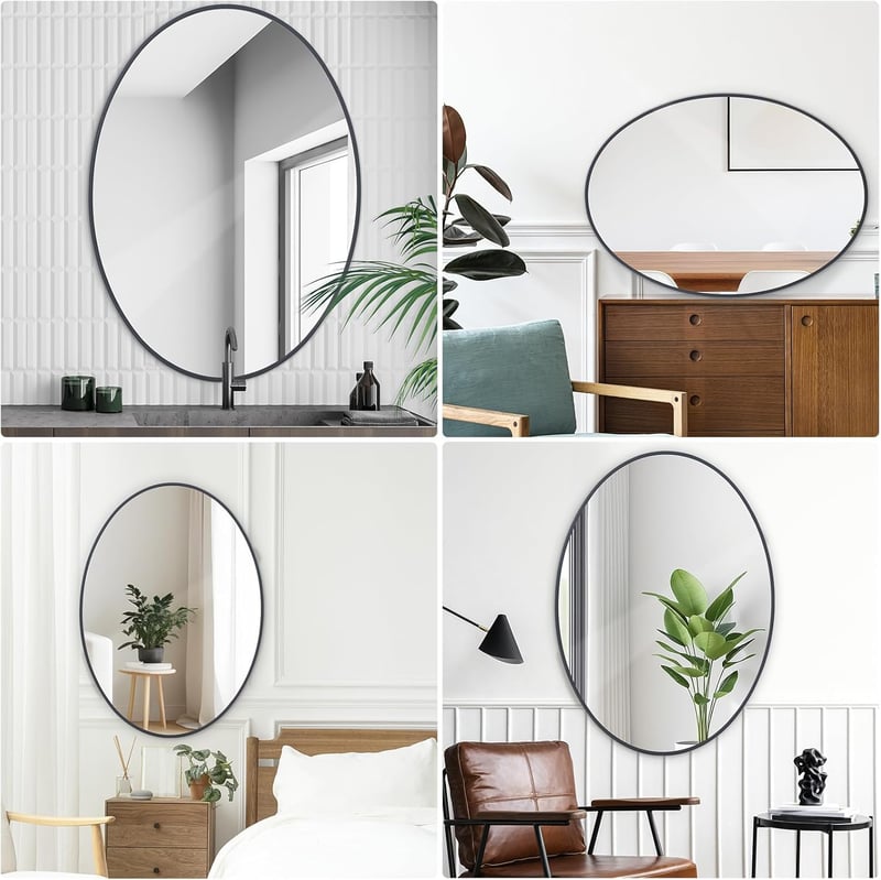 LunaMirror Ovális Fali Tükör 51x71 cm - Fekete Alumínium Kerettel, Fürdőszobába, Nappaliba, Előszobába - Modern Dekoratív Dizájn