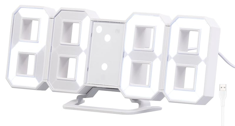 Digitálne stolové a nástenné LED hodiny Lunartec so 7-segmentovým displejom, stmievateľný budík, 21,5 cm, biele