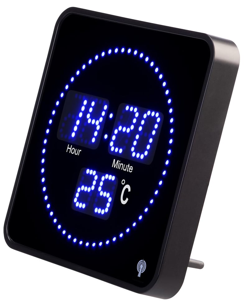 Ceas de masă și de perete radiocontrolat Lunartec cu LED-uri albastre și afișaj al temperaturii, ceas digital radio-comandat