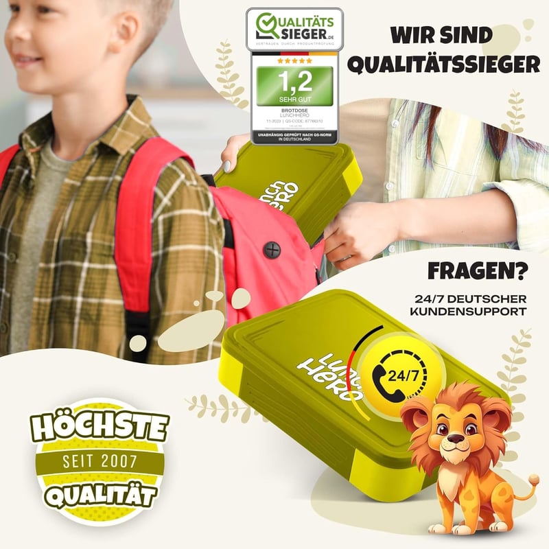 LUNCH HERO Gyerek Uzsonnás Doboz Rekeszekkel - Kiömlés Biztos Ételhordó Evőeszközökkel és Szószos Tartóval BPA Mentes