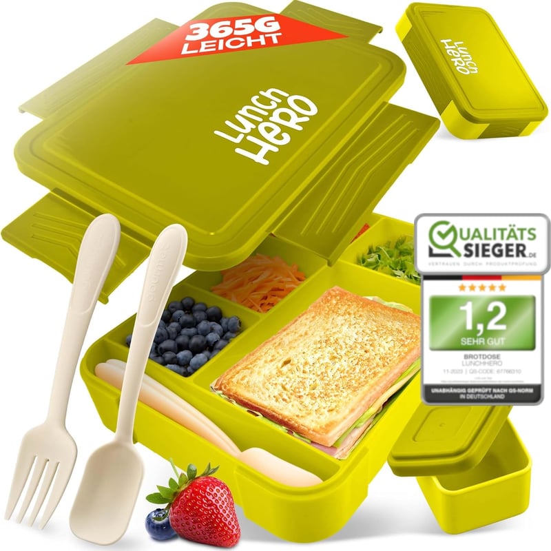 LUNCH HERO Gyerek Uzsonnás Doboz Rekeszekkel - Kiömlés Biztos Ételhordó Evőeszközökkel és Szószos Tartóval BPA Mentes