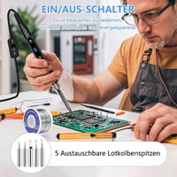 Lunriwis 80W LCD Forrasztópáka Készlet, 180-500°C Hőmérséklet Szabályozással, 5 Cserélhető Heggyel, Forrasztóónnal és Kiforrasztó Pumpával,  5