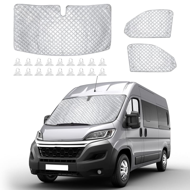 Vnútorná tepelnoizolačná clona na čelné sklo pre Fiat Ducato X250/290 a Peugeot Boxer 2006-2025, 3-dielna sada, vodoodolná, odolná voči UV žiareniu, skladacia roleta