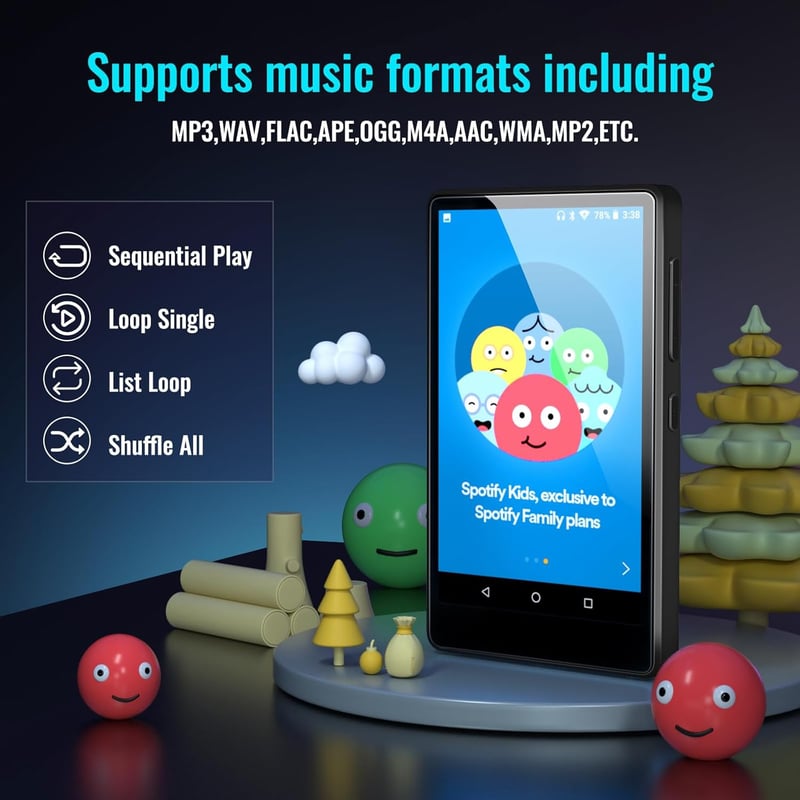 Luoran MP3 lejátszó Bluetooth, Spotify, 4" IPS kijelző, 256GB, Amazon Music