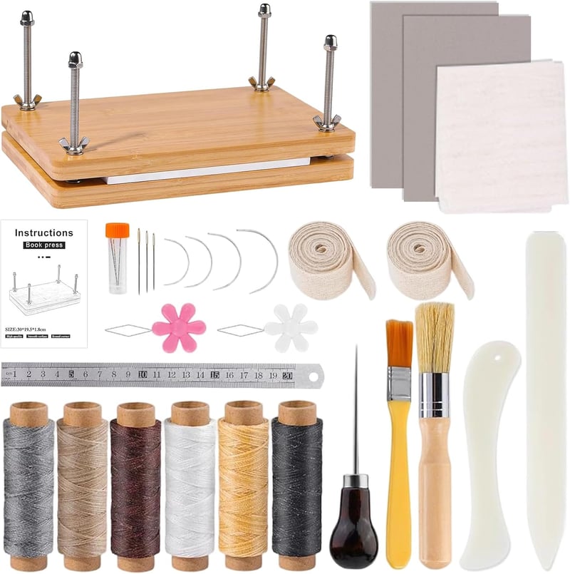 Set de legătorie de cărți LUPATDY, presă de cărți 30 x 19,2 cm, linii de legare, material textil pentru reparații, suport pliabil pentru restaurarea cărților vechi